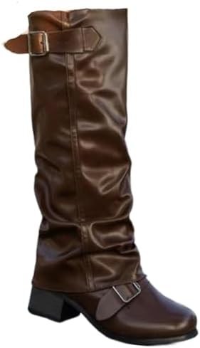 Women's Slouchy Knee High Boots with Chunky Heel Round Toe Wide Width Low Wedge Long Riding Boots Faux Leather Western Motorcycle Boots Classic Fashion