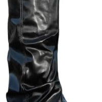 Women's Slouchy Knee High Boots with Chunky Heel Round Toe Wide Width Low Wedge Long Riding Boots Faux Leather Western Motorcycle Boots Classic Fashion