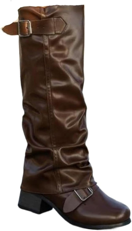 Women's Slouchy Knee High Boots with Chunky Heel Round Toe Wide Width Low Wedge Long Riding Boots Faux Leather Western Motorcycle Boots Classic Fashion