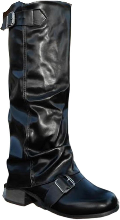 Women's Slouchy Knee High Boots with Chunky Heel Round Toe Wide Width Low Wedge Long Riding Boots Faux Leather Western Motorcycle Boots Classic Fashion