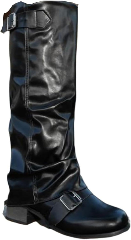 Women's Slouchy Knee High Boots with Chunky Heel Round Toe Wide Width Low Wedge Long Riding Boots Faux Leather Western Motorcycle Boots Classic Fashion