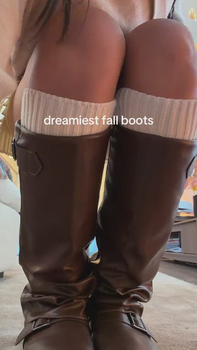 Women's Slouchy Knee High Boots with Chunky Heel Round Toe Wide Width Low Wedge Long Riding Boots Faux Leather Western Motorcycle Boots Classic Fashion