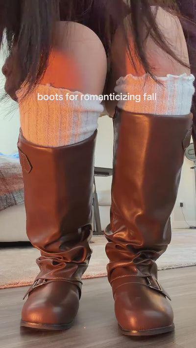 Women's Slouchy Knee High Boots with Chunky Heel Round Toe Wide Width Low Wedge Long Riding Boots Faux Leather Western Motorcycle Boots Classic Fashion